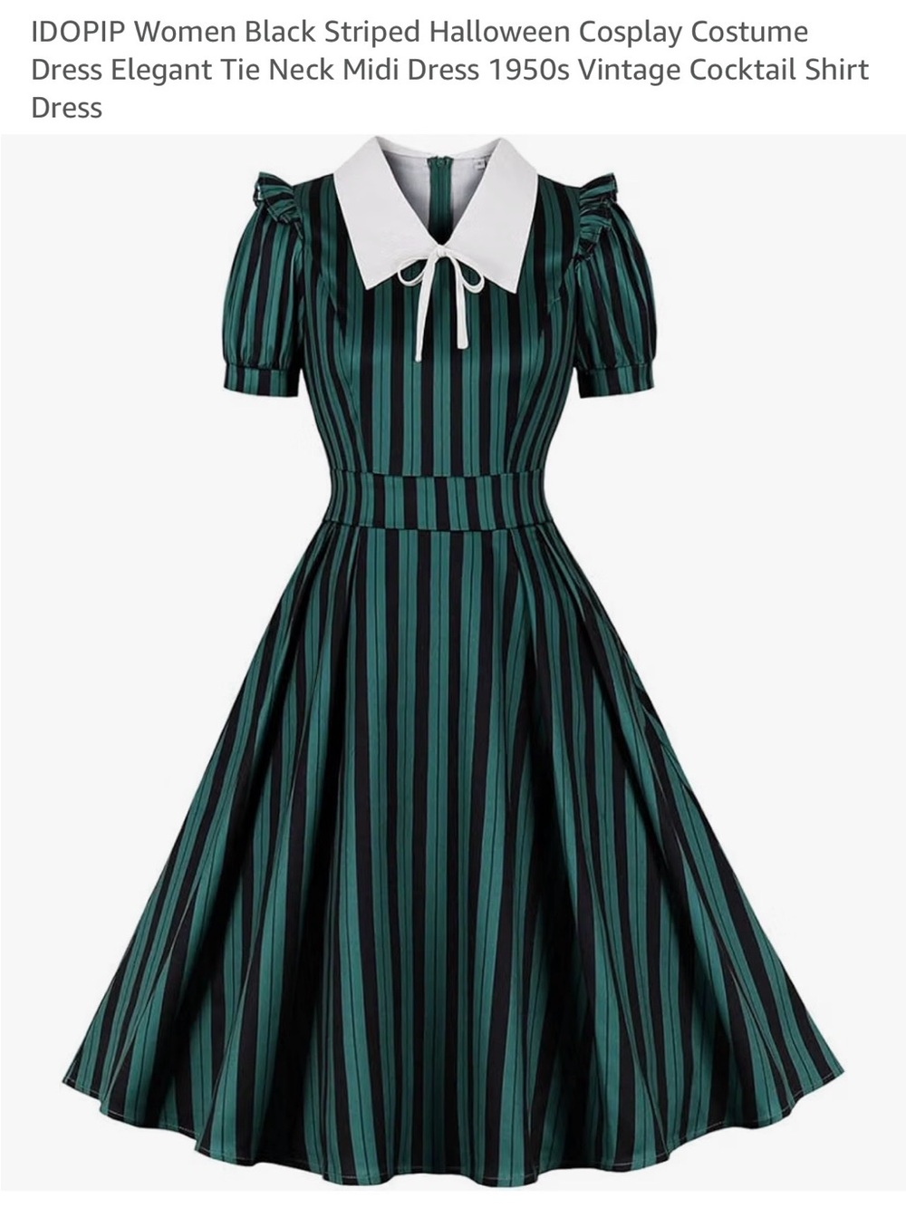 Cosplay Striped Black and Teal Tie-Neck Midi Dress